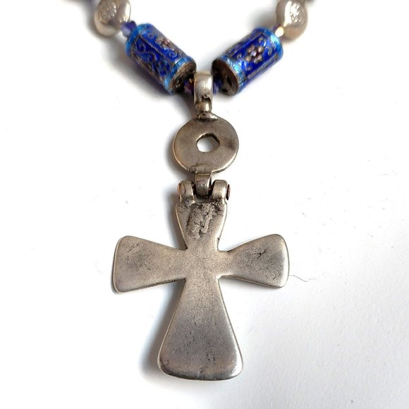 RARE 100+ Year Old Hinged Aksum Coptic Cross Enamel Bead Necklace - Picture 4 of 6